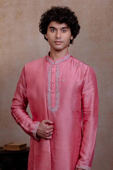 Buy_Hilo Design_Pink Silk Embroidery Prism Motif Kurta With Dupatta _Online_at_Aza_Fashions