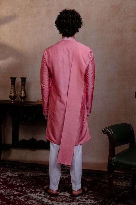 Shop_Hilo Design_Pink Silk Embroidery Prism Motif Kurta With Dupatta _at_Aza_Fashions