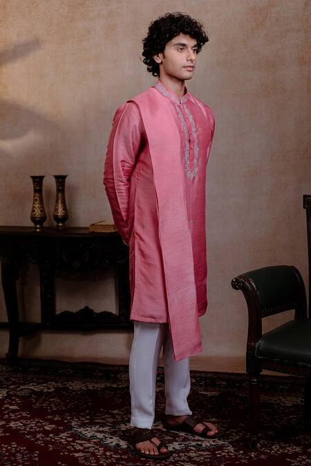 Shop_Hilo Design_Pink Silk Embroidery Prism Motif Kurta With Dupatta _Online_at_Aza_Fashions
