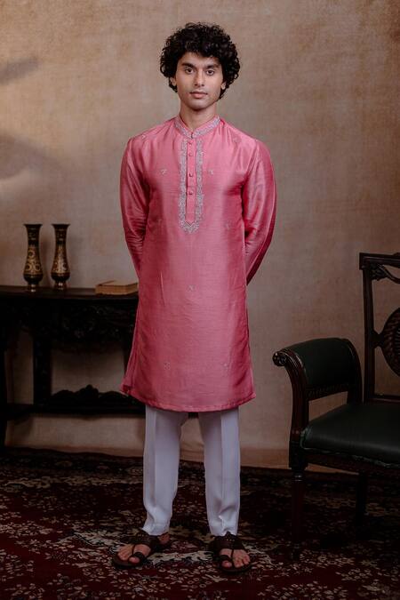 Hilo Design_Pink Silk Embroidery Prism Motif Kurta With Dupatta _at_Aza_Fashions