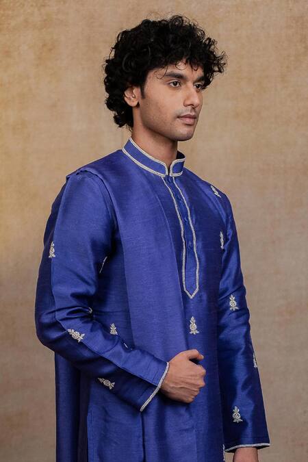 Hilo Design_Blue Silk Embroidery, Zari Silver Stitches Kurta With Dupatta _Online_at_Aza_Fashions