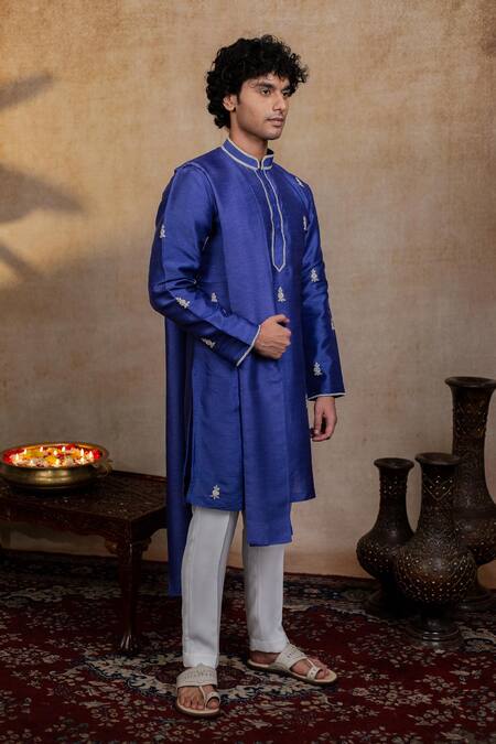 Buy_Hilo Design_Blue Silk Embroidery, Zari Silver Stitches Kurta With Dupatta _Online_at_Aza_Fashions