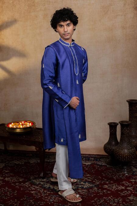 Shop_Hilo Design_Blue Silk Embroidery, Zari Silver Stitches Kurta With Dupatta _Online_at_Aza_Fashions