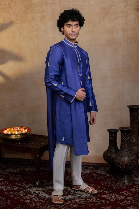 Hilo Design_Blue Silk Embroidery, Zari Silver Stitches Kurta With Dupatta _at_Aza_Fashions