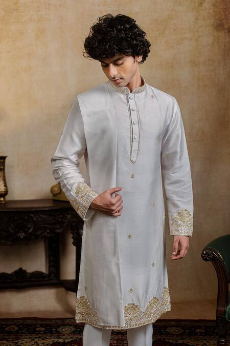 Hilo Design_White Silk Embroidery Mandala Kurta With Dupatta _Online_at_Aza_Fashions