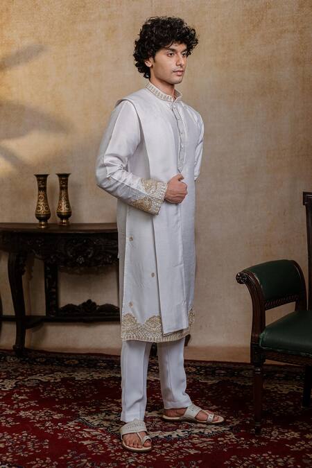 Shop_Hilo Design_White Silk Embroidery Mandala Kurta With Dupatta _Online_at_Aza_Fashions