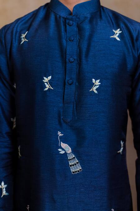 Shop_Hilo Design_Navy Silk Embroidery, Zari Neel Mayura Kurta With Dupatta _Online_at_Aza_Fashions