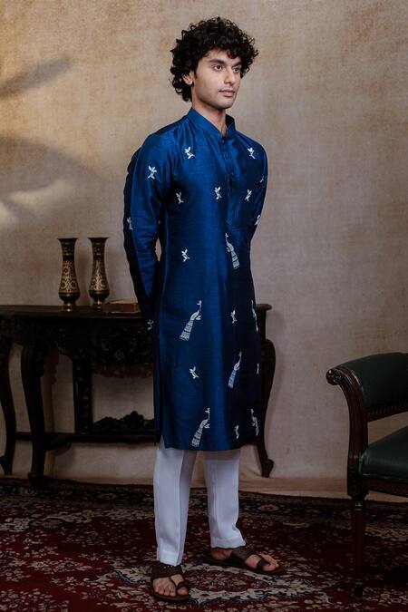 Buy_Hilo Design_Navy Silk Embroidery, Zari Neel Mayura Kurta With Dupatta 