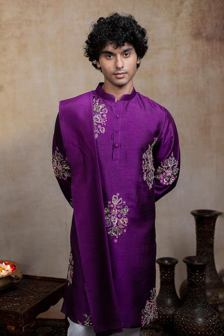 Hilo Design_Purple Silk Embroidery, Sequins Mayura Cham Kurta With Dupatta _Online_at_Aza_Fashions