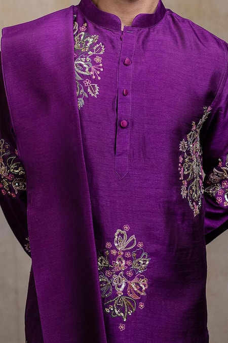 Buy_Hilo Design_Purple Silk Embroidery, Sequins Mayura Cham Kurta With Dupatta _Online_at_Aza_Fashions