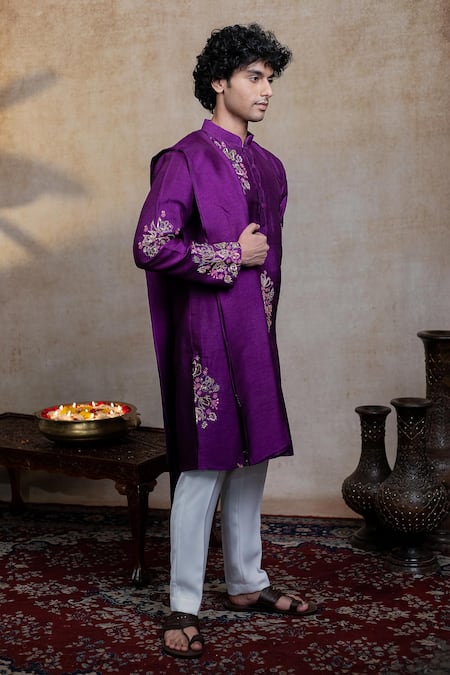 Shop_Hilo Design_Purple Silk Embroidery, Sequins Mayura Cham Kurta With Dupatta _Online_at_Aza_Fashions
