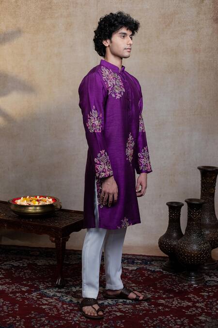 Hilo Design_Purple Silk Embroidery, Sequins Mayura Cham Kurta With Dupatta _at_Aza_Fashions