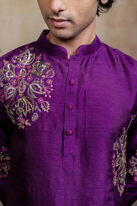 Buy_Hilo Design_Purple Silk Embroidery, Sequins Mayura Cham Kurta With Dupatta 
