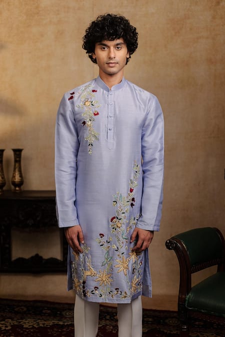 Hilo Design_Blue Silk Embroidery Botanical Bloom Kurta _Online_at_Aza_Fashions