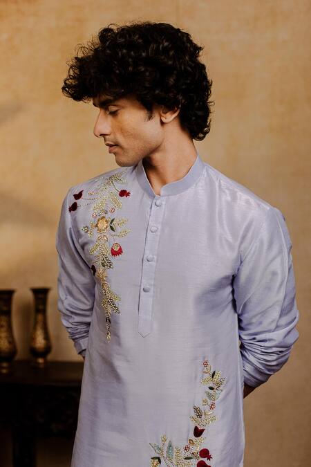 Buy_Hilo Design_Blue Silk Embroidery Botanical Bloom Kurta _Online_at_Aza_Fashions