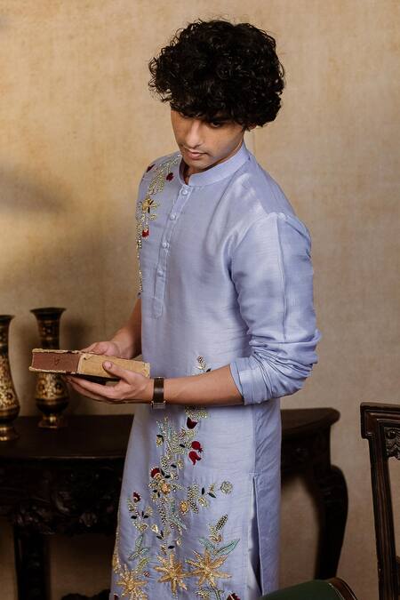 Shop_Hilo Design_Blue Silk Embroidery Botanical Bloom Kurta _Online_at_Aza_Fashions