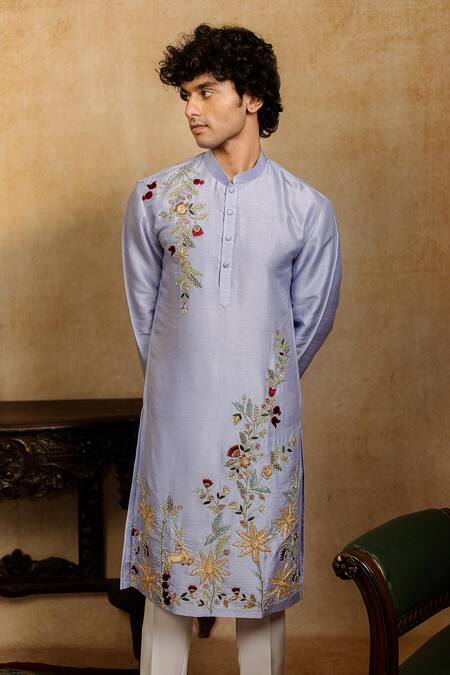 Hilo Design_Blue Silk Embroidery Botanical Bloom Kurta _at_Aza_Fashions