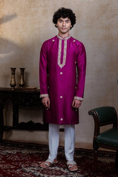 Shop_Hilo Design_Magenta Silk Embroidery, Zari, Metallic Thread Rajyog Kurta With Dupatta _Online_at_Aza_Fashions