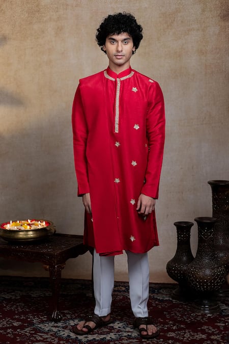 Buy_Hilo Design_Red Silk Embroidery, Zari Kumkuma Kurta With Dupatta _Online_at_Aza_Fashions