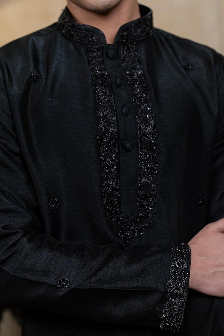 Shop_Hilo Design_Black Embroidery Kajal Phool Kurta _Online_at_Aza_Fashions