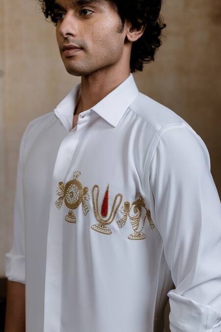 Buy_Hilo Design_White Cotton Embroidery Kanaka Murti Shirt _Online_at_Aza_Fashions