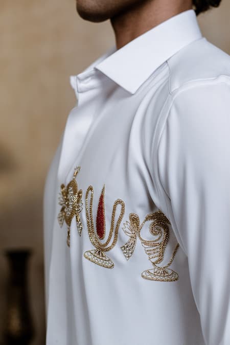 Shop_Hilo Design_White Cotton Embroidery Kanaka Murti Shirt _Online_at_Aza_Fashions