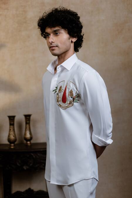 Hilo Design_White Cotton Embroidery Sri Vari Sutra Shirt _Online_at_Aza_Fashions