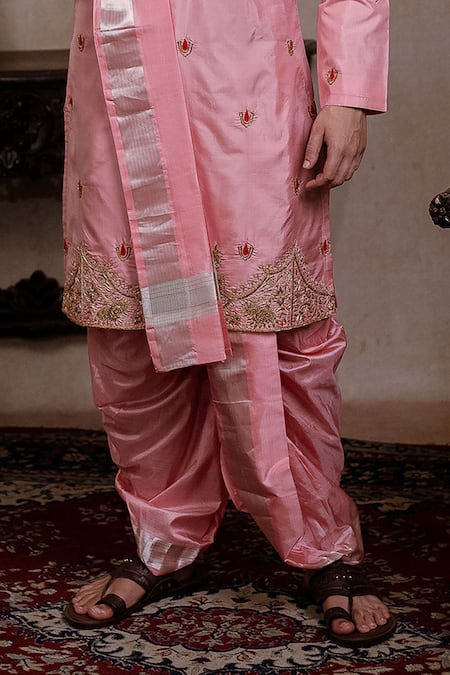 Hilo Design_Pink Silk Embroidery, Zari Srinivasa Kanjivaram Kurta Dhoti Pant Set _Online_at_Aza_Fashions