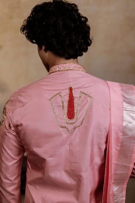 Buy_Hilo Design_Pink Silk Embroidery, Zari Srinivasa Kanjivaram Kurta Dhoti Pant Set _Online_at_Aza_Fashions