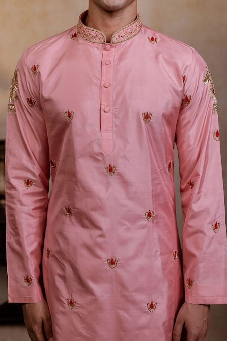 Shop_Hilo Design_Pink Silk Embroidery, Zari Srinivasa Kanjivaram Kurta Dhoti Pant Set _Online_at_Aza_Fashions