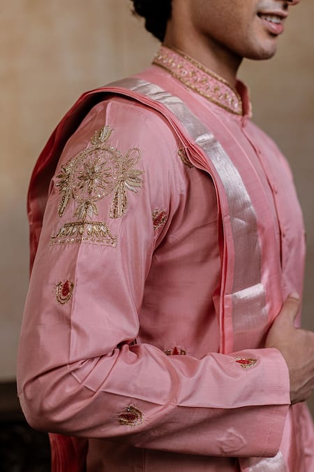 Hilo Design_Pink Silk Embroidery, Zari Srinivasa Kanjivaram Kurta Dhoti Pant Set _at_Aza_Fashions