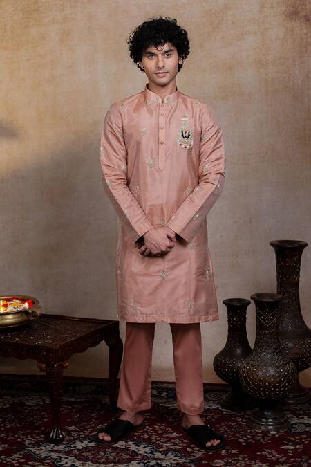 Shop_Hilo Design_Brown Silk Embroidery, Zari Balaji Ratna Pattu Kurta Set _Online_at_Aza_Fashions