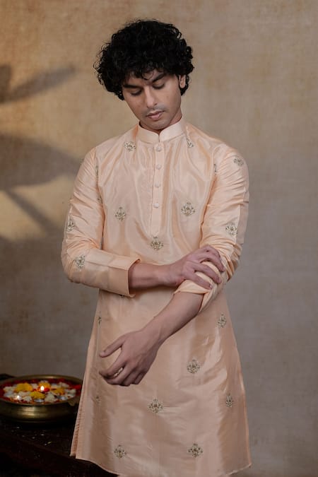 Hilo Design_Peach Silk Embroidery Ananta Pattu Kurta Set _Online_at_Aza_Fashions