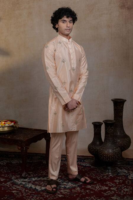 Shop_Hilo Design_Peach Silk Embroidery Ananta Pattu Kurta Set _Online_at_Aza_Fashions