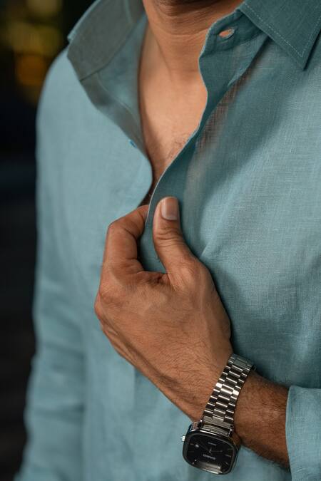 Shop_Hilo Design_Blue Linen Embroidery Azure Breeze Shirt _Online_at_Aza_Fashions