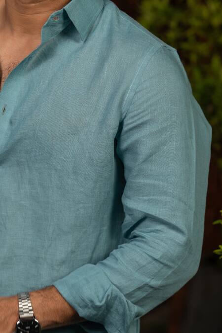 Hilo Design_Blue Linen Embroidery Azure Breeze Shirt _at_Aza_Fashions