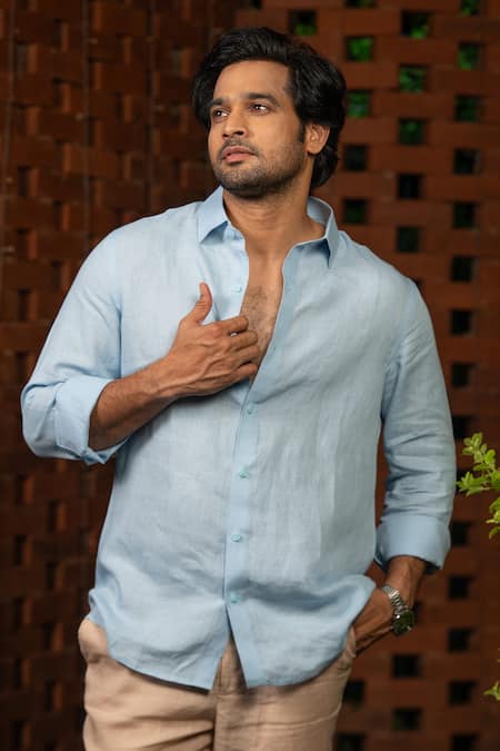 Hilo Design_Sky Blue Linen Pearl Drift Shirt _Online_at_Aza_Fashions