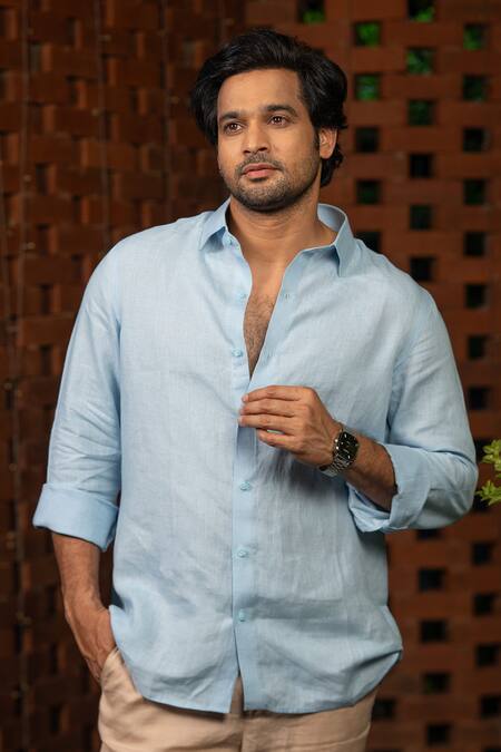 Buy_Hilo Design_Sky Blue Linen Pearl Drift Shirt _Online_at_Aza_Fashions