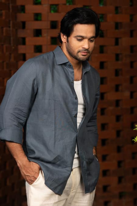 Buy_Hilo Design_Gray Linen Embroidery Ocean Haze Shirt _Online_at_Aza_Fashions