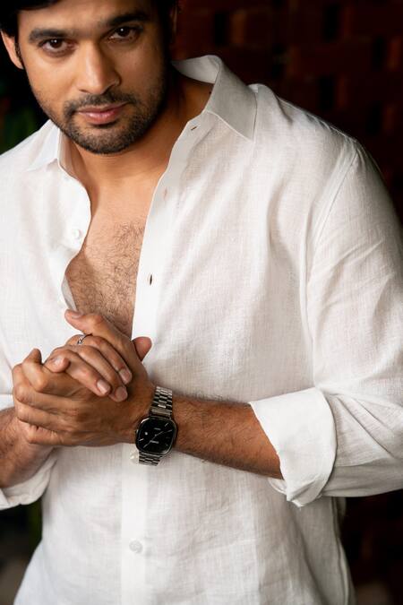 Hilo Design_White Linen Embroidery Ivory Aura Shirt _at_Aza_Fashions