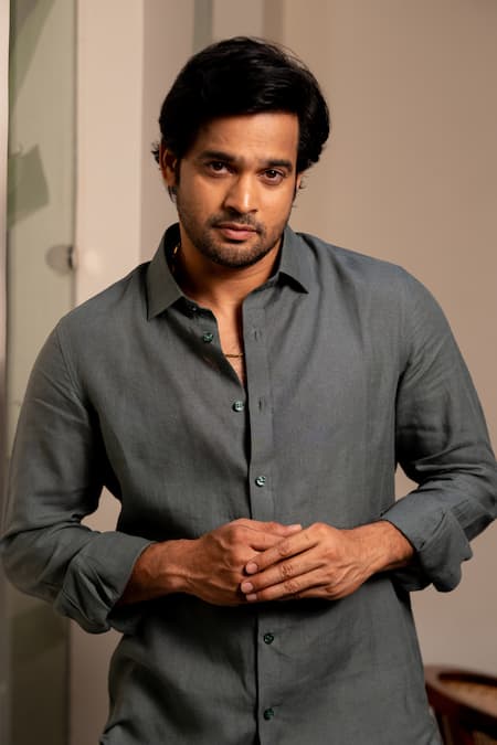 Hilo Design_Green Linen Aqua Mist Shirt _Online_at_Aza_Fashions