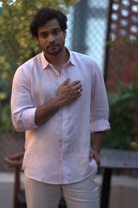 Hilo Design_Pink Linen Seafoam Serenity Shirt _at_Aza_Fashions