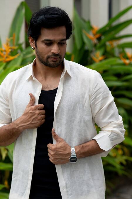 Hilo Design_Ivory Linen Embroidery Coastal Calm Shirt _Online_at_Aza_Fashions