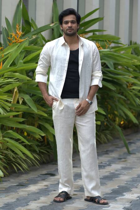 Shop_Hilo Design_Ivory Linen Embroidery Coastal Calm Shirt _Online_at_Aza_Fashions