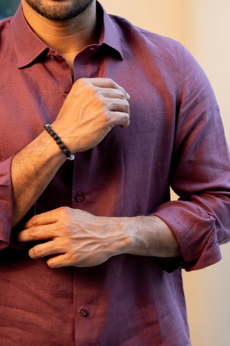 Hilo Design_Burgundy Linen Embroidery Coastal Muse Shirt _at_Aza_Fashions