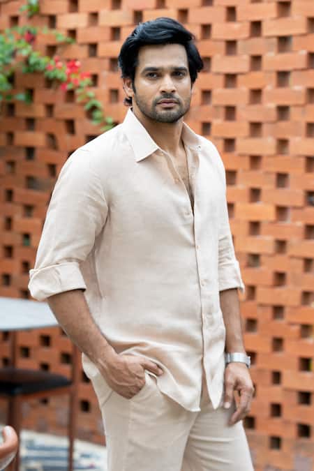 Hilo Design_Beige Linen Embroidery Oasis Dune Shirt _Online_at_Aza_Fashions