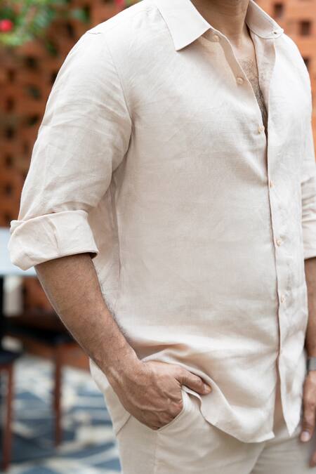 Buy_Hilo Design_Beige Linen Embroidery Oasis Dune Shirt _Online_at_Aza_Fashions