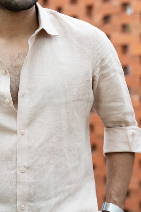 Shop_Hilo Design_Beige Linen Embroidery Oasis Dune Shirt _Online_at_Aza_Fashions