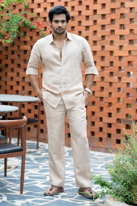 Hilo Design_Beige Linen Embroidery Oasis Dune Shirt _at_Aza_Fashions