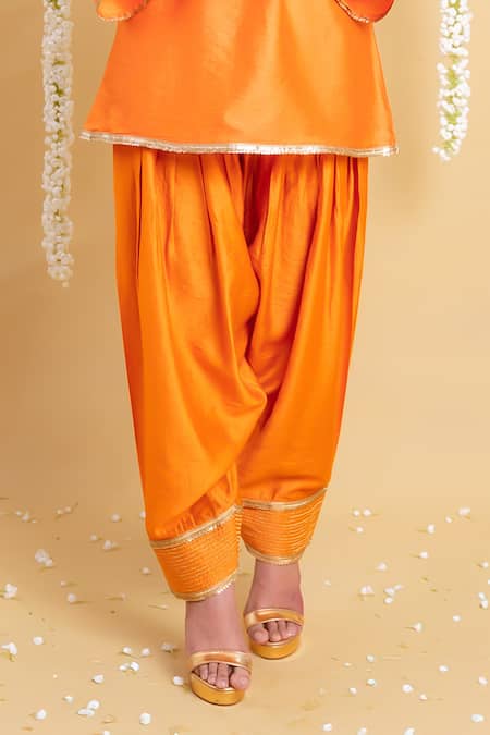 Buy_Grass & Sunshine_Orange Chanderi Embroidery, Lace Split Amber Glow Kurta And Farshi Pant Co-ord Set _Online_at_Aza_Fashions